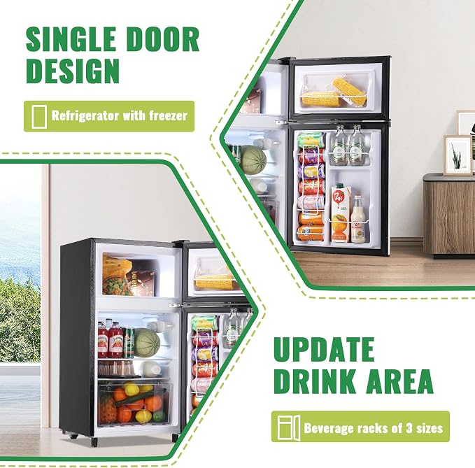 Mini Fridge with Freezer Two Doors Compact Refrigerator with 7 Setting Adjustable Thermostat Crisper Drawer & Removable Shelves Extra Drink Space Low Noise Freezer-on-Top Refrigerator, Silver