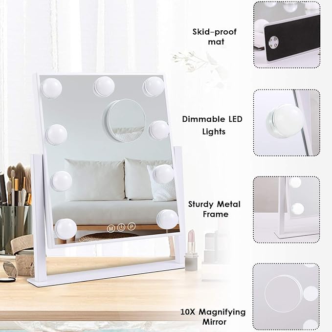 Lighted Makeup Mirror Hollywood Mirror Vanity Mirror with Lights, Touch Control Design 3 Colors Dimable LED Bulbs, Detachable 10X Magnification, 360°Rotation, (White) 12" L x 14" W