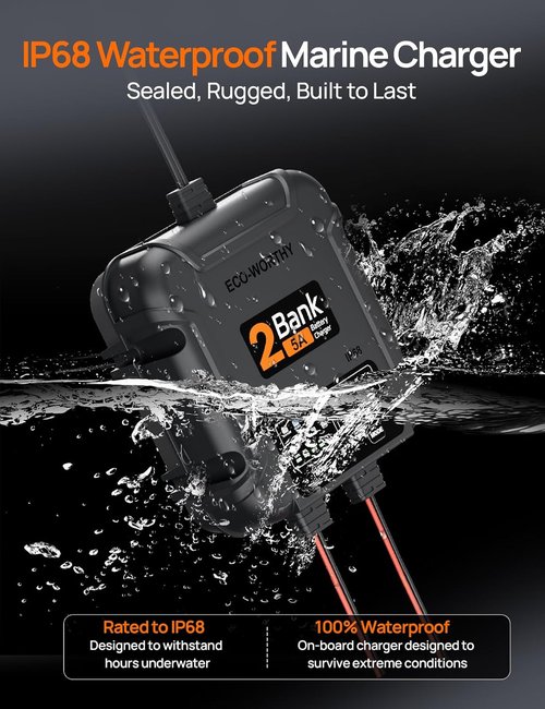 ECO-Worthy 2 Bank Marine Battery Charger - 10A Waterproof 12V Maintainer for Boat, RV & Car