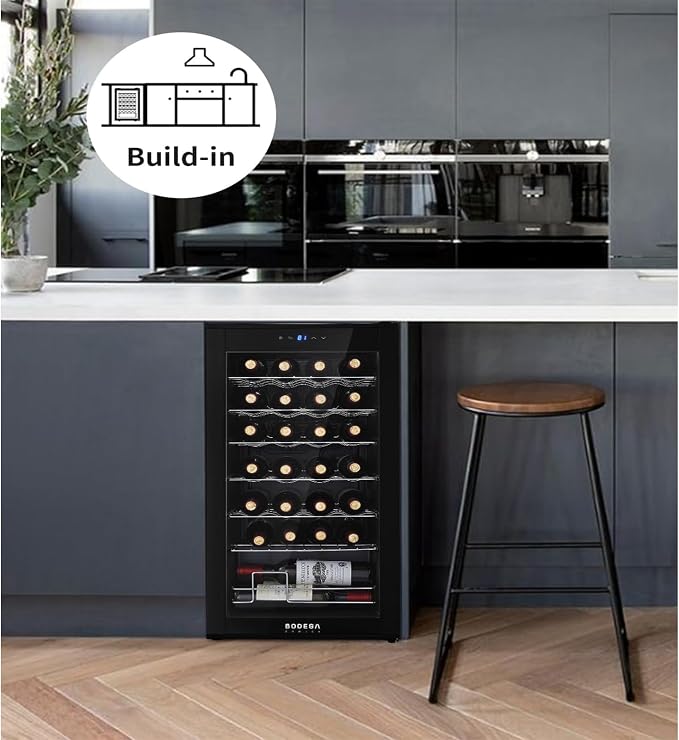 BODEGA COOLER 28 Bottle Wine Refrigerator, Fridge for Kitchen, Room, Office | 7 Shelves, Fast Cooling, Digital Temp Panel, Quiet ≤40dB Operation, Freestanding / Under Counter, UV-Protected Glass Door