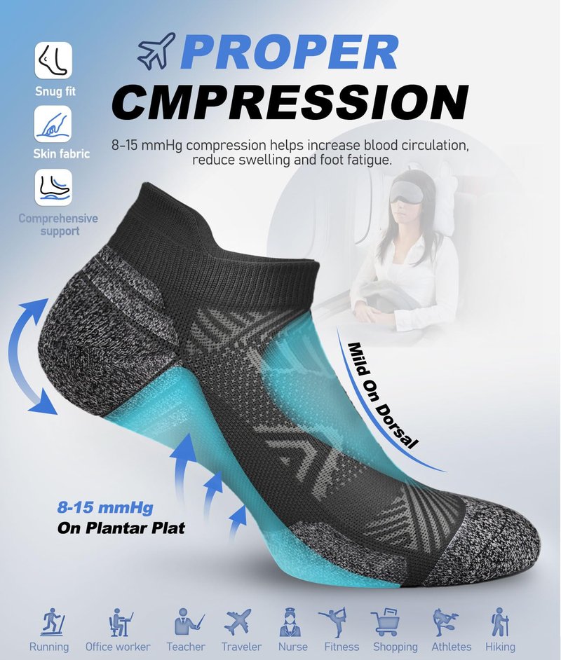 Sooverki Cushioned Cotton Ankle Compression Socks for Men Women 6 Pairs Wicking Low Cut Arch Support Plantar Fasciitis Socks Travel Runner Gifts