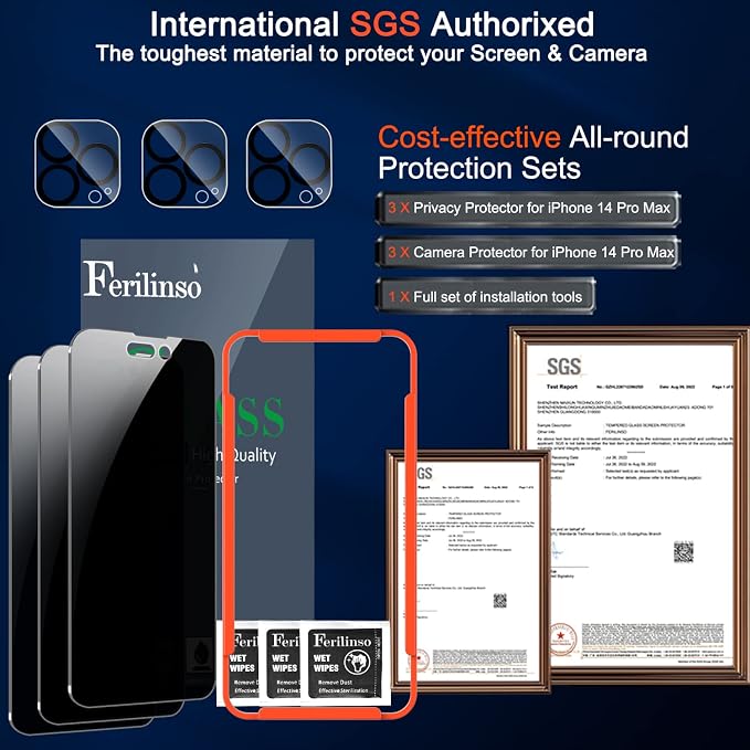 Ferilinso 3 Pack for Apple iPhone 14 Pro Max Privacy Screen Protector Tempered