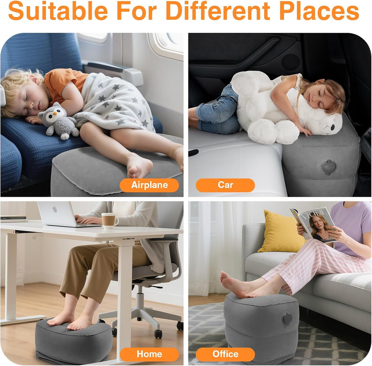 Maliton Inflatable Foot Rest Pillow for Travel,Kids Airplane Bed,Adjustable 3 Layers Height Leg Pillow of Air Travel Essentials,Car, Office, Home - Fast Inflation (Dark Grey)