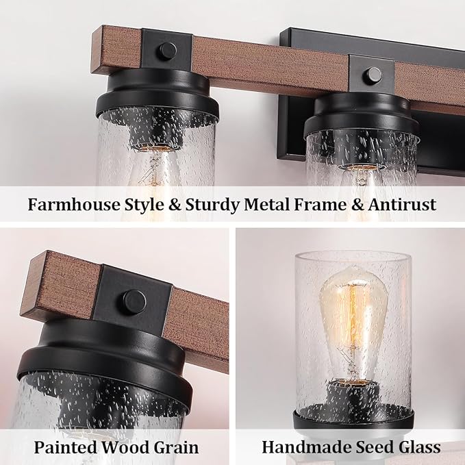 Farmhouse Vanity Light Fixtures, 3-Light Rustic Bathroom Lights Over Mirror with Pretty Glass Shade, Industrial Black Metal Wood Wall Decor Sconces for Living Room Hallway Stairway UL-Listed