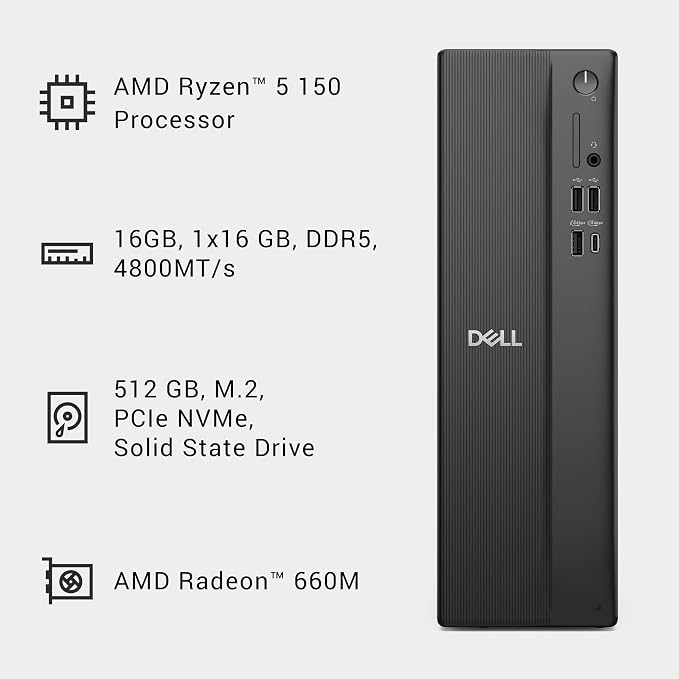 Dell Slim Desktop, AMD Ryzen 5 150, 16GB RAM, 512GB SSD, Windows 11 Home | AMD Radeon 660M, Wi-Fi 6, Bluetooth, Dell Wired Keyboard, McAfee+ Premium 30-day trial, Mail In Service 15-Month Warranty