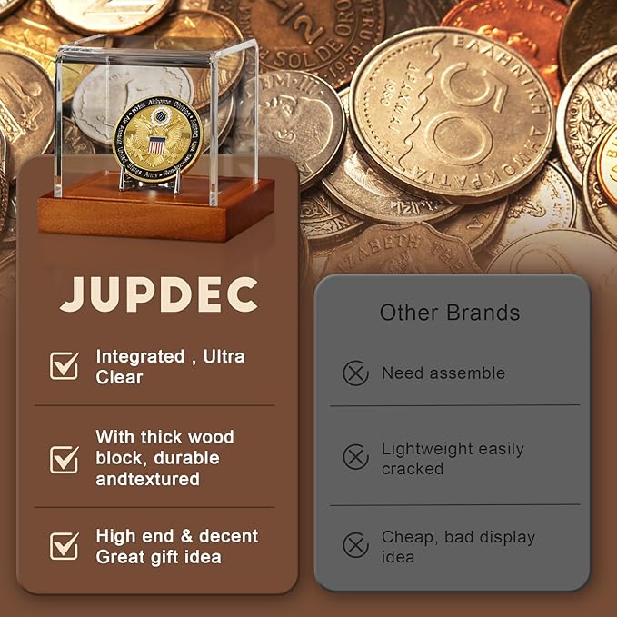 JupDec Coin Display Case, Clear Acrylic Showcase with Wood Base & Alloy Holder for Single Challenge Coin, UV Protection Souvenirs and Collectibles Box, Ideal Gift for Coin Fans, Brown