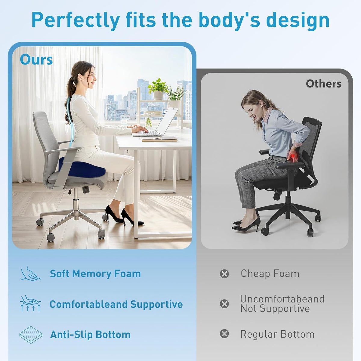 BlissTrends Memory Foam Seat Cushion for Office Chair & Car Seat, Blue