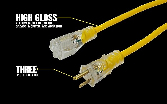 Yellow Jacket Heavy Duty Extension Cord, 25Ft, 12 Gauge, 3 Conductor, Lighted End, Weather Resistant, SJTW, Yellow, 2883 (Pack of 4)
