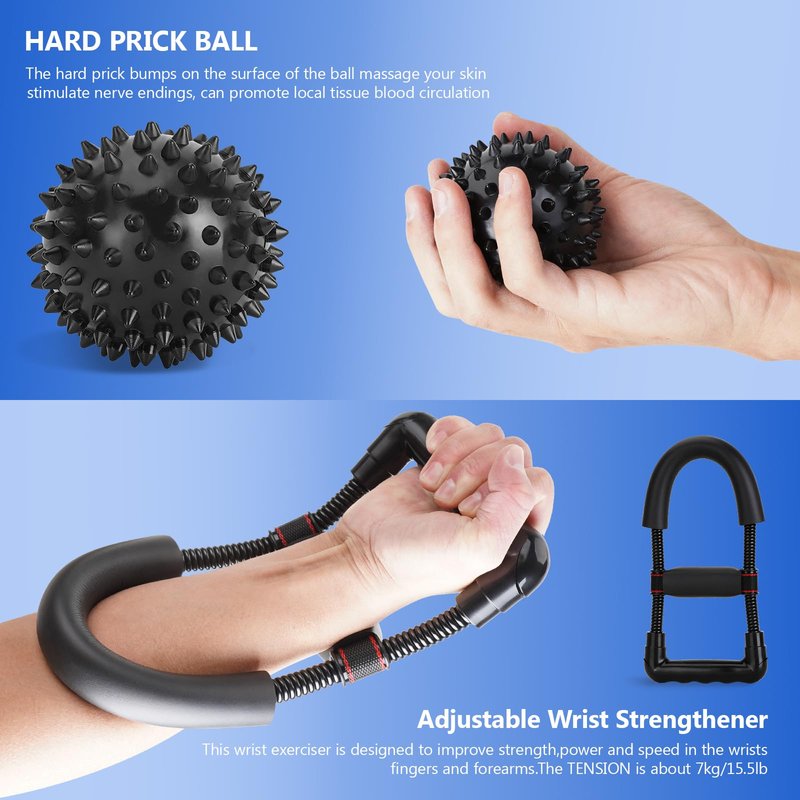 Ultimate Hand Exerciser Set for forearm workout and recovery – includes adjustable grip trainer, wrist strengthener, stress relief ball, and exercise ring. 7-piece kit for improved strength and performance