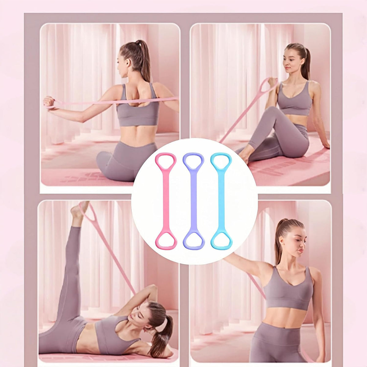 Skiennix 3pc Figure 8 Resistance Bands - Elastic Stretch Fitness Bands for Back & Chest | Yoga & Gym Use