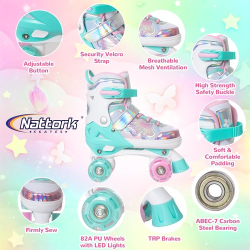 Nattork Kids Roller Skates for Girls Boys - Teal for Toddlers Age 3 4 5 - Adjustable All Light up Wheels Butterfly and Flower Indoor Outdoor Sports Birthday Gift for Son and Grandson, X-Small(7C-9C)