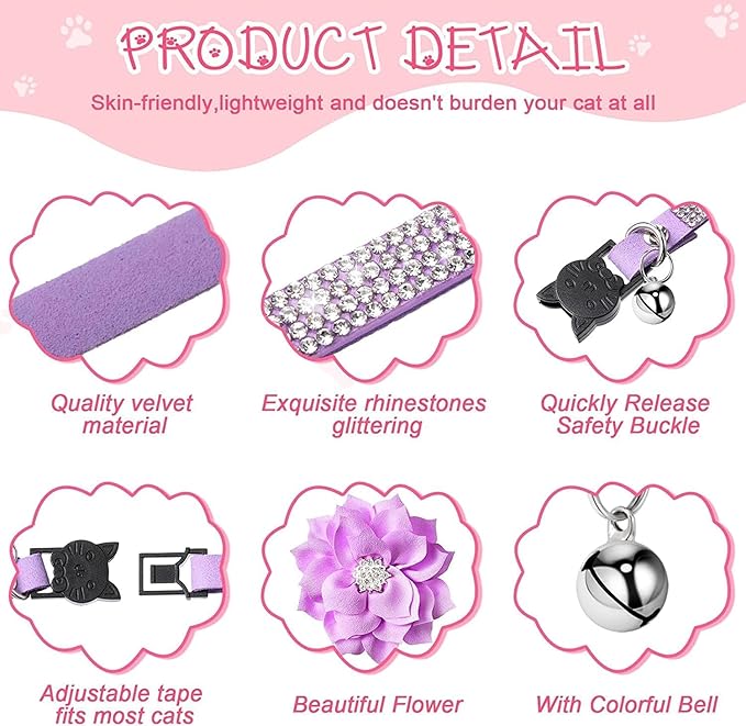 Cat Collars,Rhinestone for Girl Cats Bling Kitten Flower Adjustable Breakaway Collar with Bell Soft Velvet Leather Collar for Puppy Small Dogs (Hot Pink1)