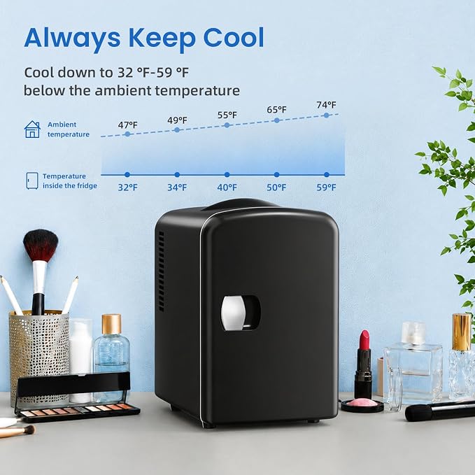 Antarctic Star 4L/6 Can Portable Compact Refrigerator for Bedroom,Car,Office & Dorm,Small Cooler for Food/Drinks/Skin Care,AC/DC, Black