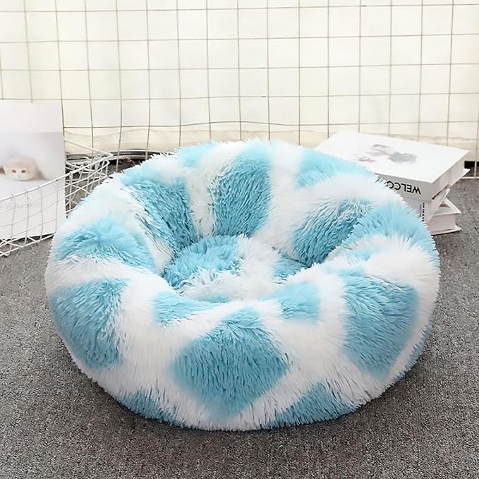 Calming Dog Bed for Small Dogs, Calming Donut Cuddler Pet Bed Anti Anxiety Round Dog Bed Fluffy Plush Faux Fur Cat Bed,Blue+White,31.5IN
