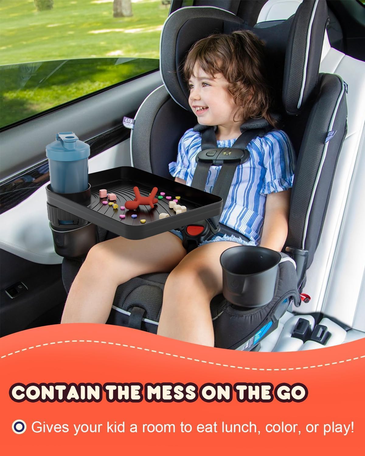 SEVEN SPARTA Car Seat Tray for Kids Fit 2.8"-3.2"Cup Holders for Snack, Toy