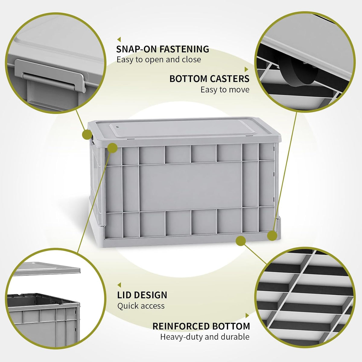 Stackable Storage Bins with Lids, 58L Collapsible Storage Bins with Wheels, Heavy Duty Folding Containers,Totes for Organizing Tools, Snacks, Books, Drinks, Camping & Transport (1 Pack)