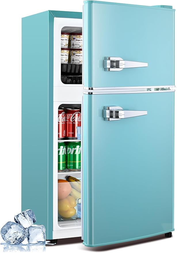 Anypro 3.2 Cu.Ft Refrigerator, Retro Double Door Fridge with Freezer, 7 Adjustable Temperature Settings, Removable Glass Shelves for Dorm, Office, Bedroom, Apartment, Blue