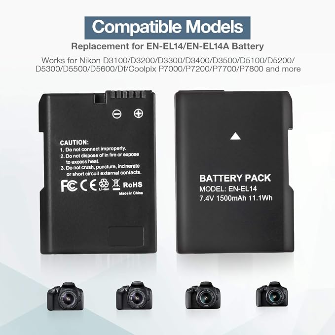 EN-EL14 EN EL14A Battery 2-Pack 1500mAh Li-ion Batteries Compatible