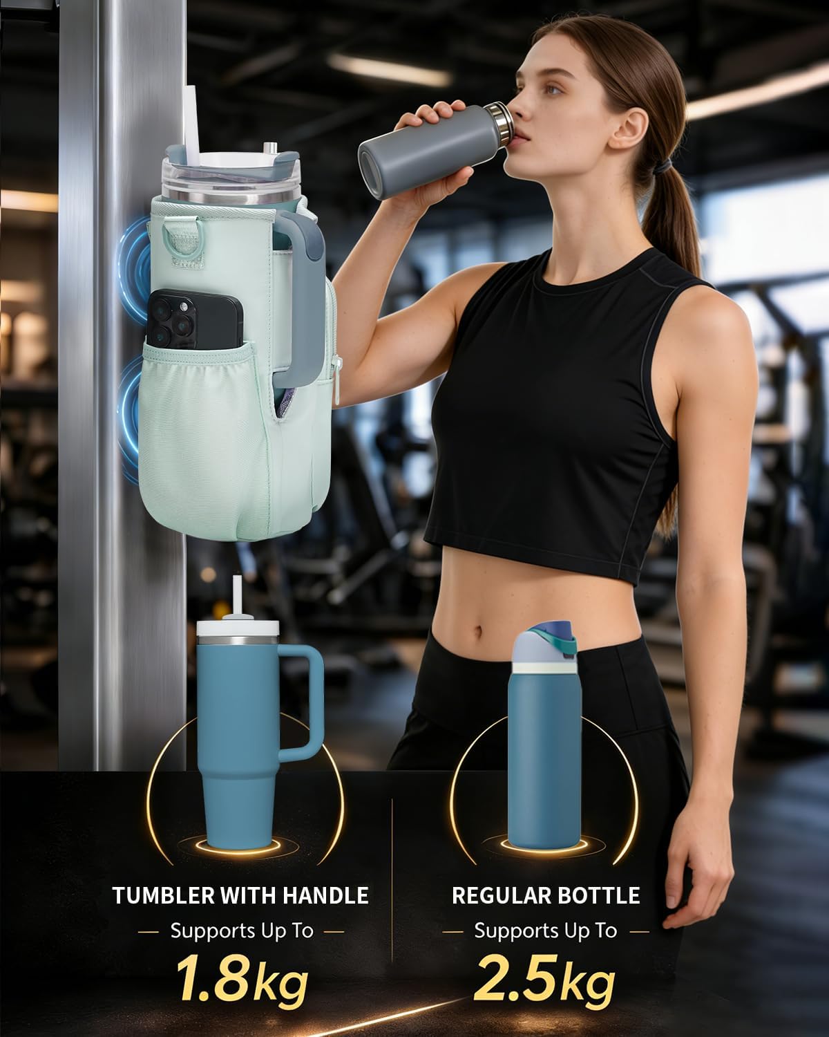Sportsnew Magnetic Gym Bag - Water Bottle Carrier with Strap & Phone Pockets for 40oz Tumblers