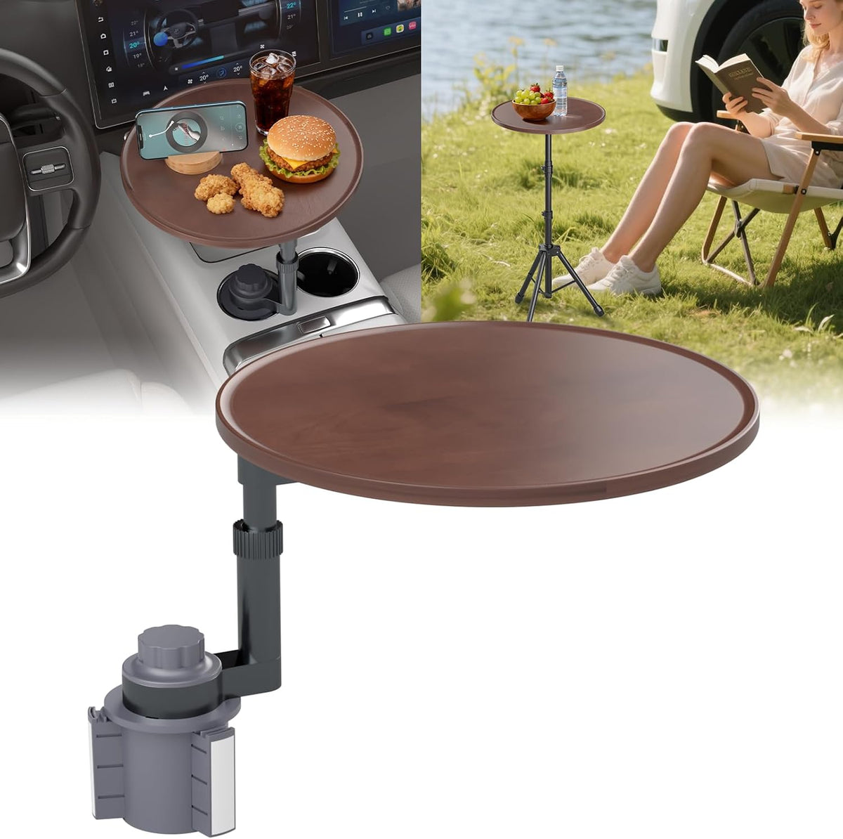 Car Tray Table & Car Laptop Desk - Height Adjustable 360° Swivel Tripod, Solid Wood Car Laptop Mount & Cup Holder Table-Steering Wheel Tray for Dining, Home, Outdoor Picnic, Hiking & Traveling (Oval)