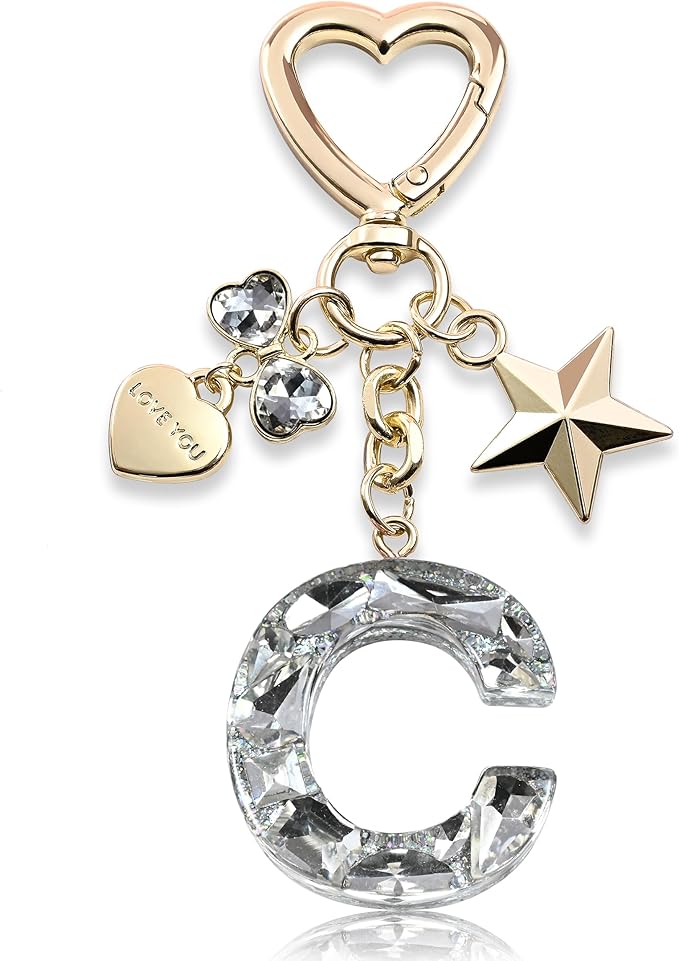 Cute Bling Keychain initial Letter Butterfly Star Pink Purple Gift for Women Girls Bag Cup Charms Accessories