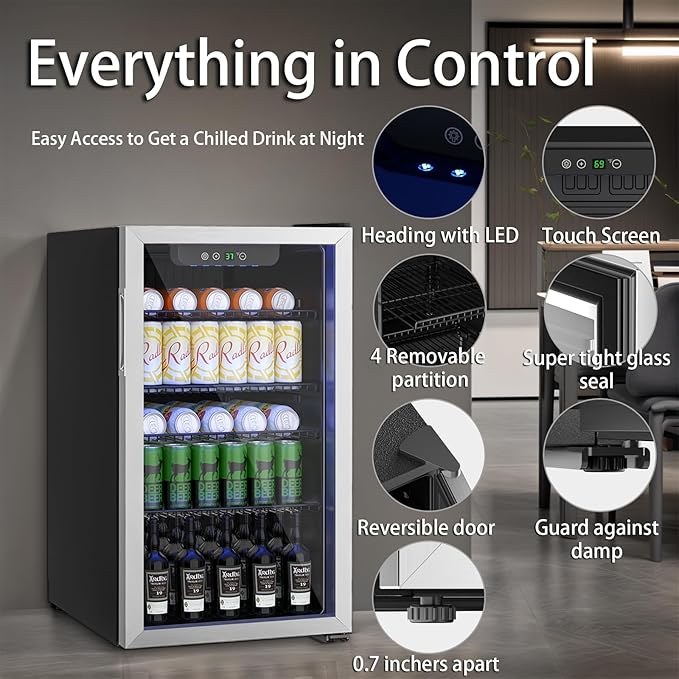 126 Can Mini Fridge, 3.2 Cu.Ft Beverage Refrigerator Glass Door | Stainless Steel Compact Drink Cooler with Reversible Door for Soda Wine Beer, Small Fridge for Home Office Bar (40-61 ℉)