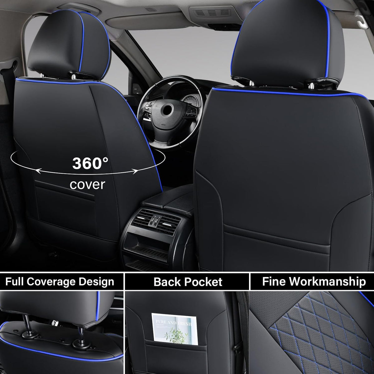 Coverado Tacoma Seat Covers, Car Seat Covers Front Seats, Leather Seat Covers for Cars Car Seat Protector Cushion Tacoma Accessories Custom Fit 2005-2015 Toyota Tacoma Double/Crew Cab(Blue Line)