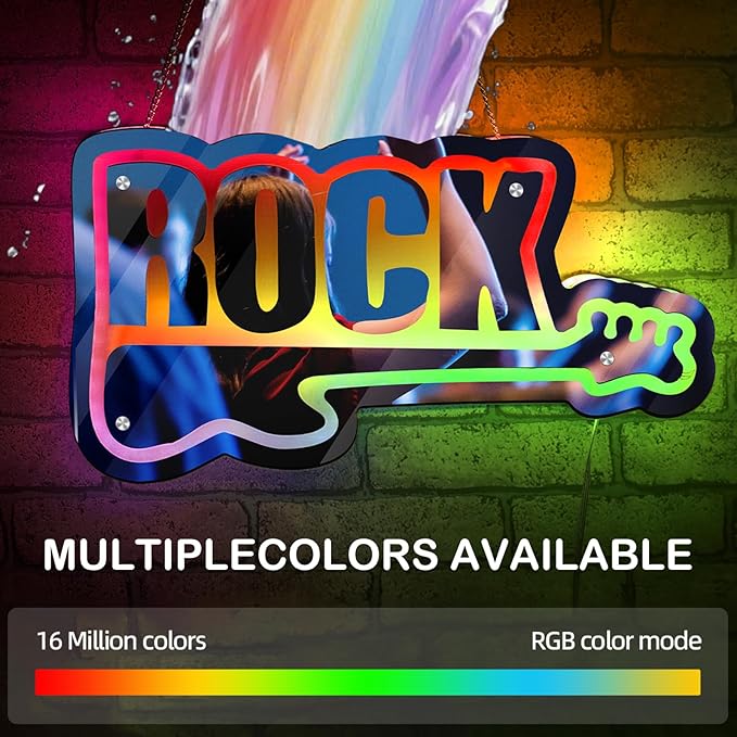 ROCK Neon Sign with Guitar Design Color Changing Mirror LED Wall Light App Control DIY Color Live Music Neon Light Music Party Bar Pub Decor LED Guitar Gift for Kpop Fans Guitar Players