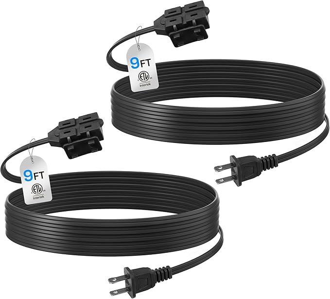 BN-LINK 9ft Indoor Extension Cord, 2 Pack, 3-Outlet Polarized Flat Cable, Household Power Cord for Home, Office, and Holiday Decorations, Black