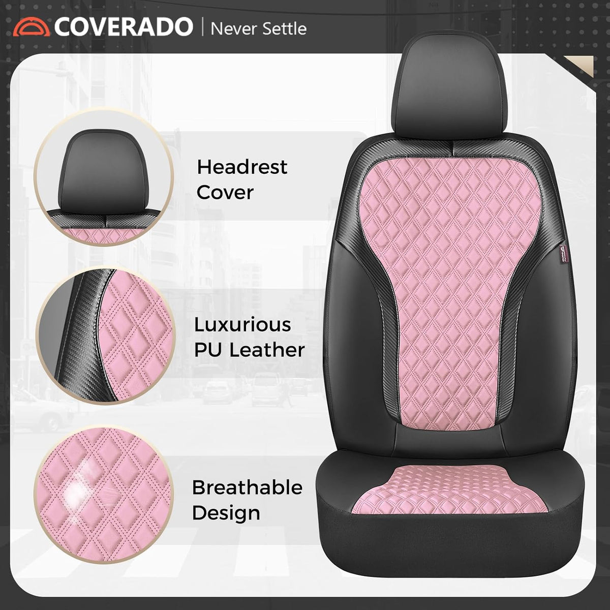 Coverado Car Seat Cover, Leather Seat Covers Full Set, Durable Waterproof Car Seat Protectors, Black and Pink Seat Cover, Spill-Proof Automotive Seat Covers Universal Fit for Most Cars Trucks