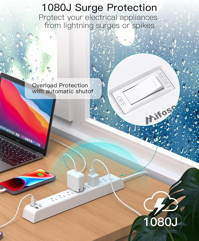 2 Pack Power Strip, 15FT Long Extension Cord, Surge Protector with 6 Outlets and 4 USB Charging Ports(2 USB C), Flat Plug Overload Protection, Wall Mount for Home Office Dorm College