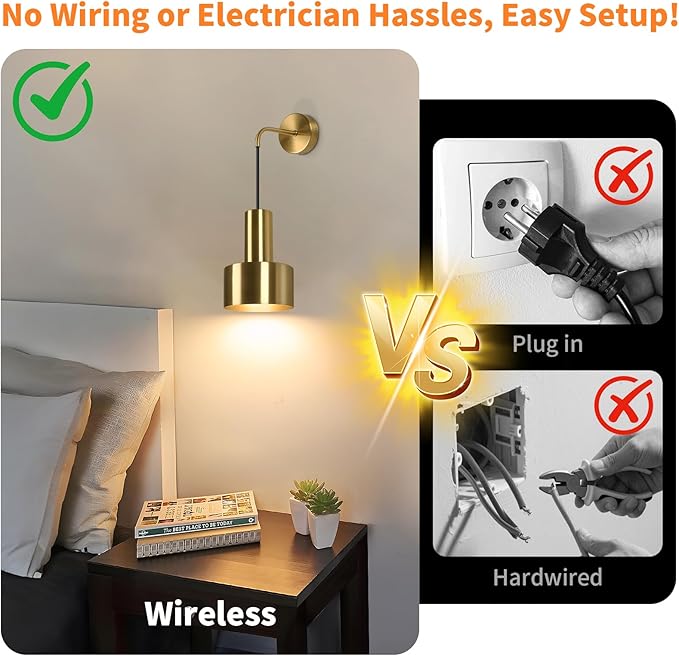 Gold Battery Operated Wall Sconce, Wireless Wall Lights Set of 2, Dimmable Wall lamp with Remote Control, 3000K-6000K Adjustable Modern Luxury LED Light Fixtures for Kitchen Bedroom Living Room Stairs