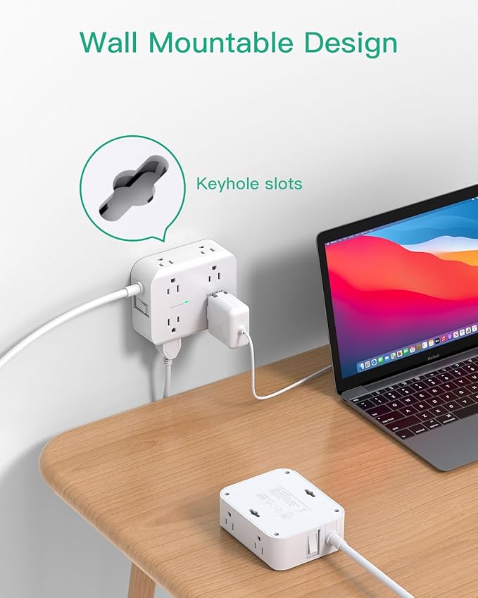 Power Strip Surge Protector - Flat Plug, 8 Wide Outlets with 4 USB Ports (1 USB C), 5FT Heavy Duty Extension Cord with Multiple Outlets, Wall Mount, Charging Station Overload Protection for Home Dorm