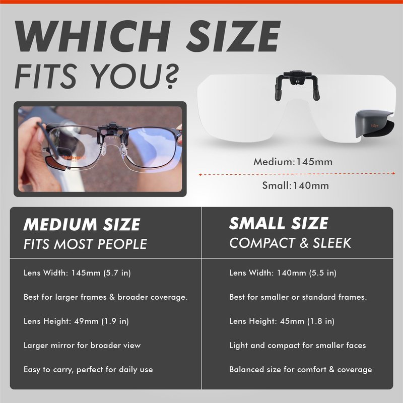 TriEye View Clip On Sunglasses with Rear View Mirror – Clip On Sunglasses Over Prescription Glasses, Flip Up Cycling Eyewear for Men & Women – Clear Lens, 145mm Fit