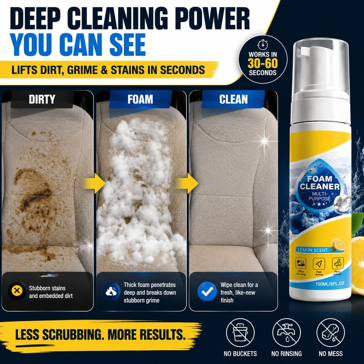 Multi-Purpose Foam Cleaner for Car Interior and Upholstery, 150ml | Leather & Fabric Seat & Dashboard Cleaner, Vinyl & Surface Foam Spray. Deep Cleaning Kit with Plant-Derived Formula