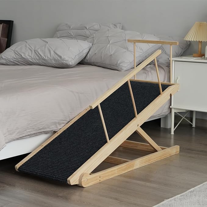 Dog Ramp for Bed, Dog Stairs for Small and Large Dogs, Portable Dog Steps for Bed, Couch, Car, Adjustable Pet Ramp, Anti-Slip Traction Mat Pet Steps, Support up to 210 lbs (Log Color, LENTH-55.1IN)