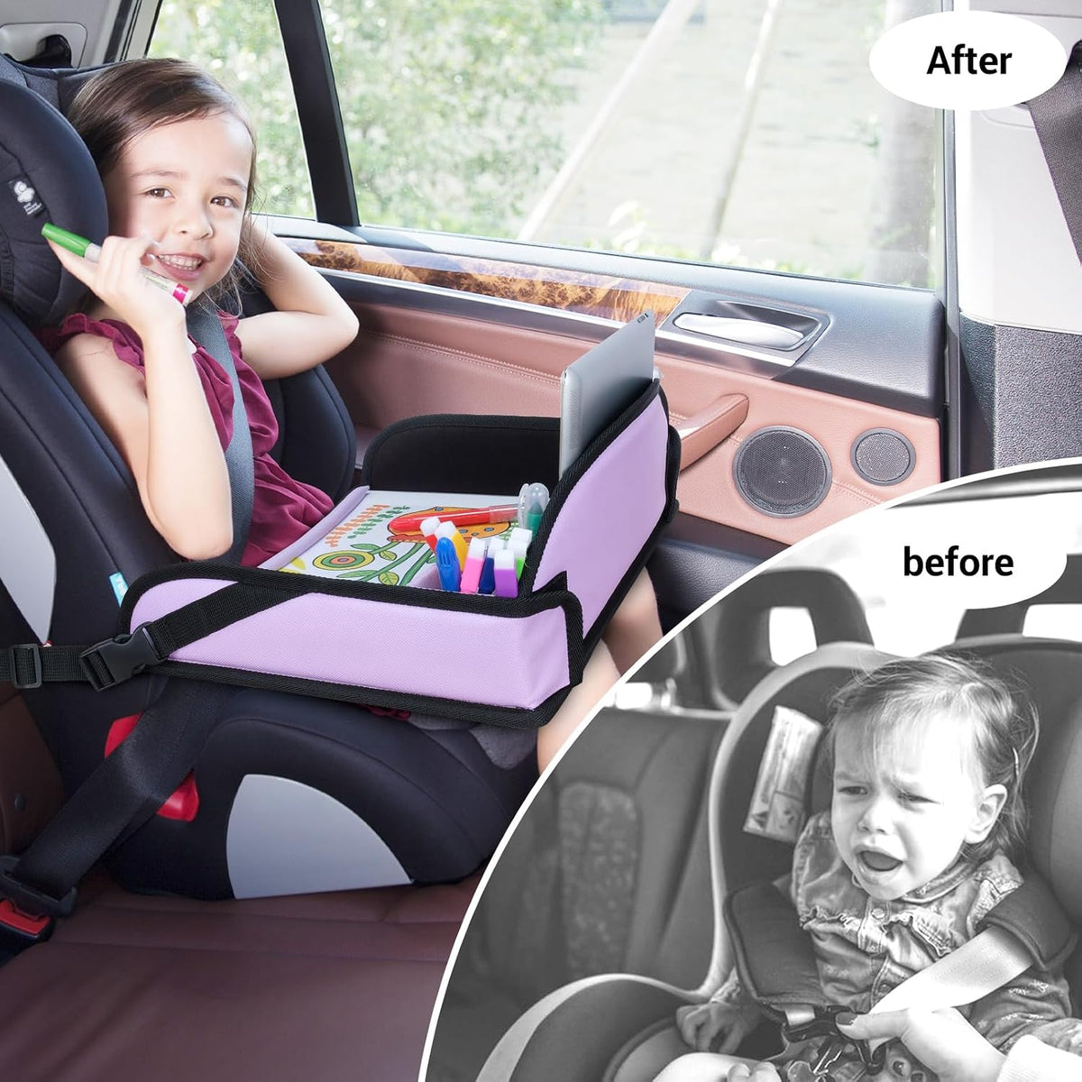 COOLBEBE Kids Travel Tray for Car Seats, Toddler Lap Desk, Purple