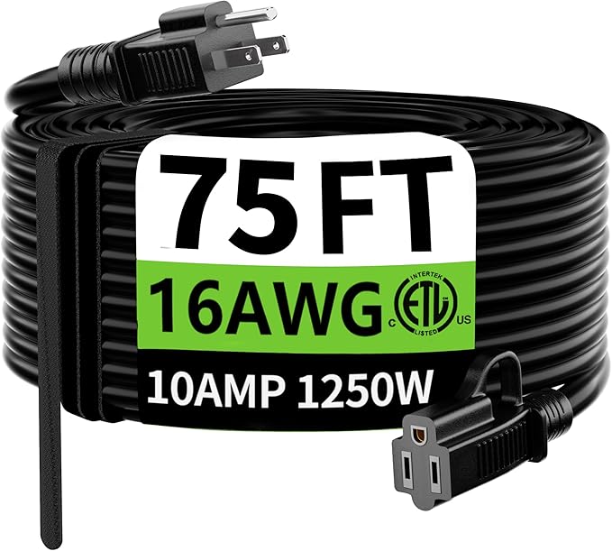 HUANCHAIN Indoor Outdoor Black Extension Cord 75 Ft Waterproof, 16/3 Gauge Flexible Cold-Resistant Appliance Extension Cable Outside, 10A 1250W 16AWG SJTW, 3 Prong Electric Cord, ETL