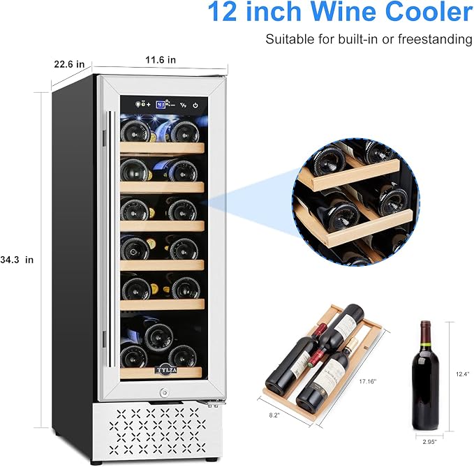 12" Wine Cooler Refrigerator, 18 Bottles Wine Fridge Built-in or Freestanding with Stainless Steel & Double-Layer Tempered Glass Door, Compressor Fast Cooling, Low Noise and No Fog, Mini Fridge