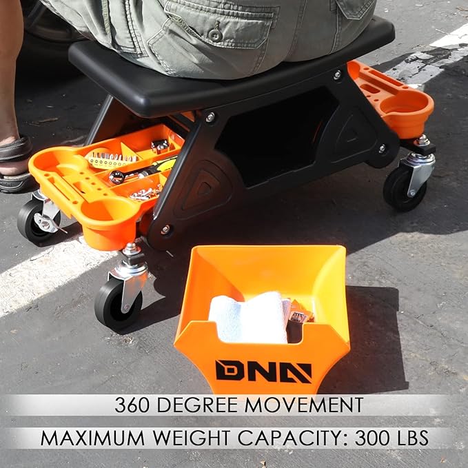 DNA Motoring TOOLS-00189 Mechanic Stool - 25-1/2" x 13" x 12" (L x H x W), Rolling Work Seat w/Lockable Swivel Wheels and Storage Tool Tray