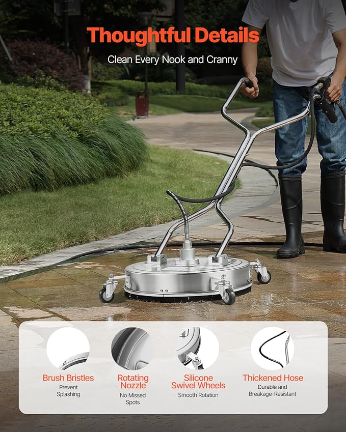 VEVOR 20 Inch Pressure Washer Surface Cleaner, 4000 PSI Stainless Steel Attachment with 4 Wheels, 2 Nozzles, 3/8 Inch Quick Connect and Dual Handle for Concrete, Patio, Sidewalk
