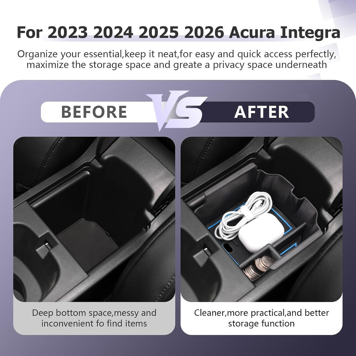 LUWU 2026 2027 Acura Integra Center Console Organizer for 2023 2024 2025 2026 2027 Acura Integra Accessories Armrest Console Storage Box Insert Tray ABS Material Blue-Trim