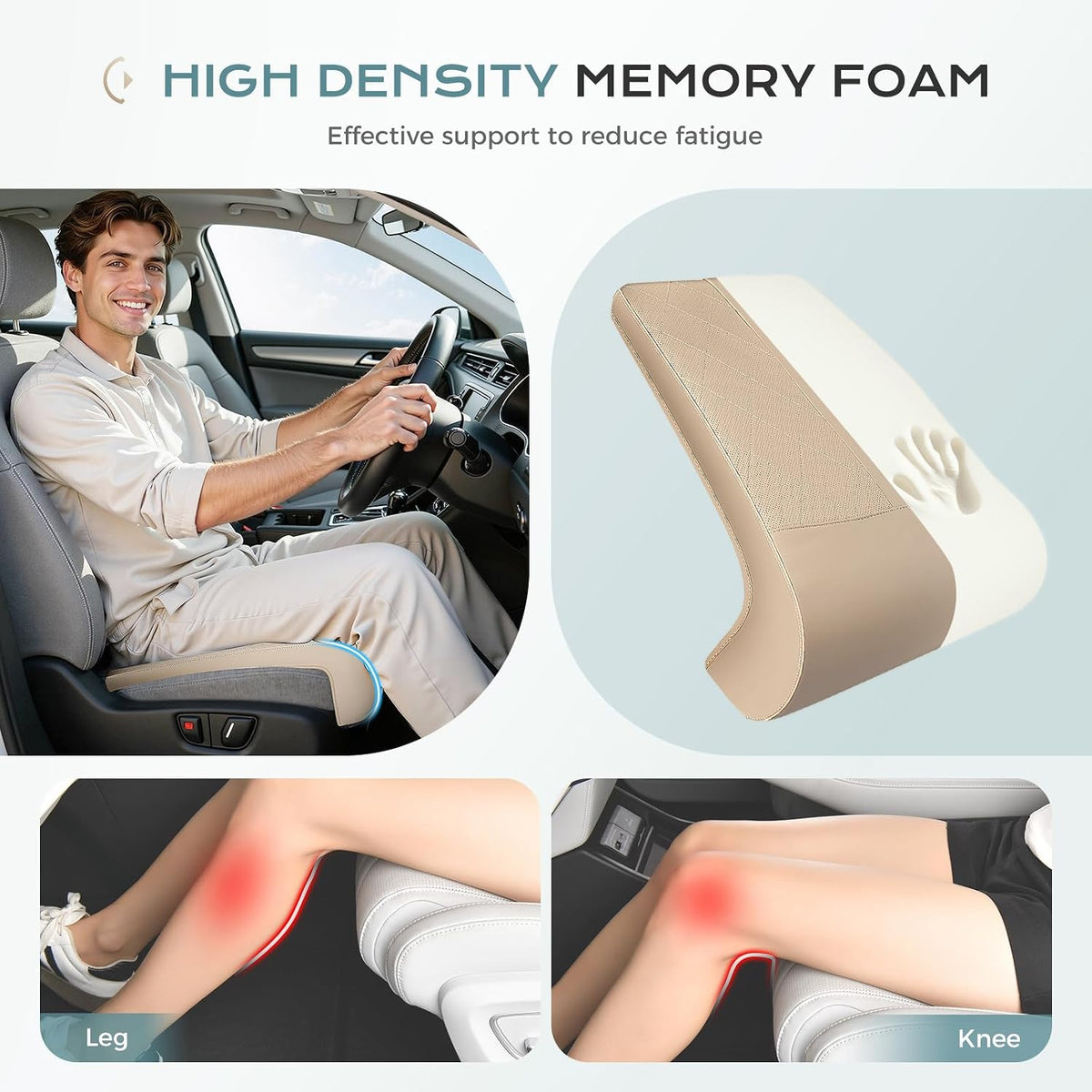 Coverado Car Seat Extender Leg Support, Leather Leg Support Cushion for Driving, Leg Extender Pad, Waterproof Car Seat Cushion Universal Fit for Most Cars, Beige