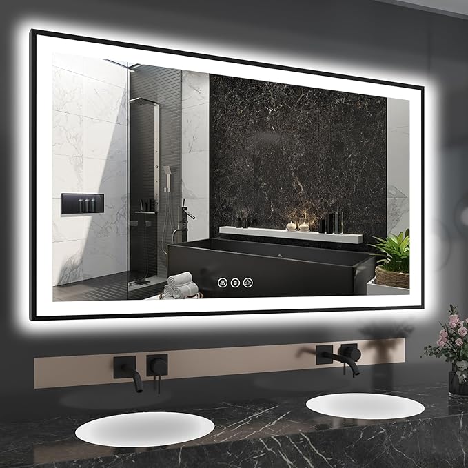 60x36 LED Mirror for Bathroom - Black Aluminum Framed (Front and Backlit),Anti-Fog Stepless 3 Colors Dimmable Lighted Smart Bathroom Mirror with Lights(Horizontal/Vertical)