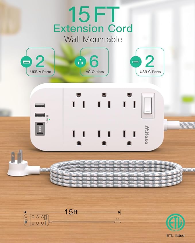 Power Strip - 15 FT Long Flat Plug Extension Cord, 6 Outlets 4 USB Ports（2 USB C, Outlet Extender with Overload Protection, Wall Mount, Desktop Charging Station for Office and Dorm Essential