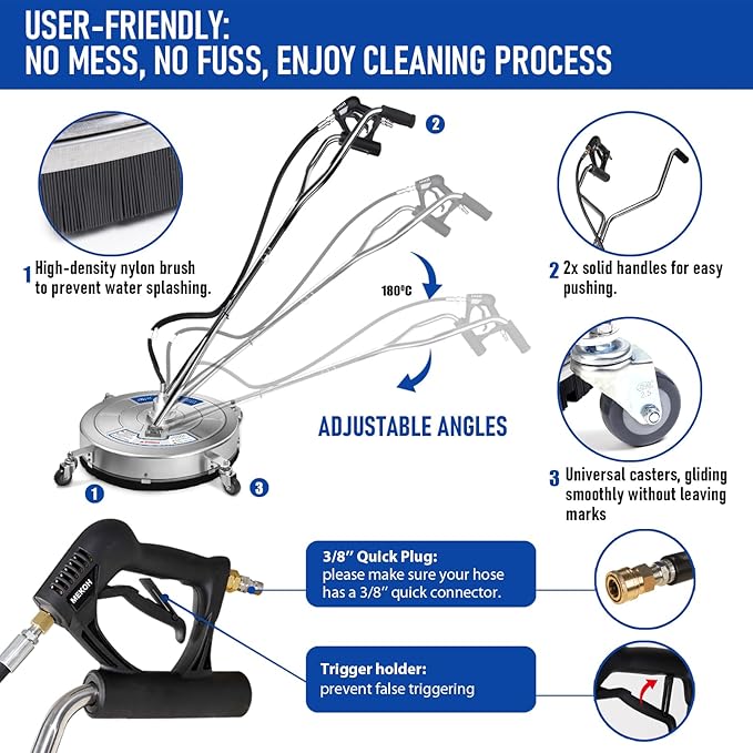 MEKOH 24" Pressure Washer Surface Cleaner for Large Areas, 4500PSI Stainless Steel Power Washer Surface Cleaner, Dual-Handle & 4 Wheels, Extra-Wide Pressure Washer Attachment for Home & Commercial Use