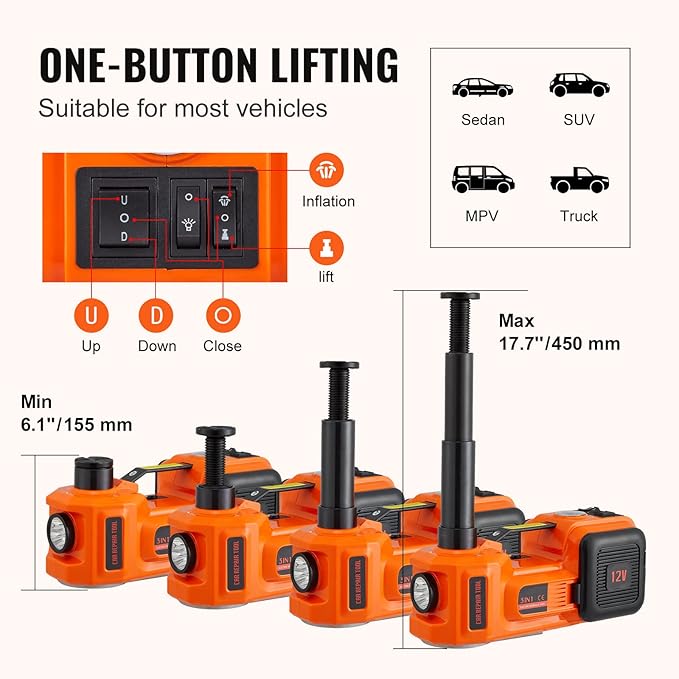 VEVOR Electric Car Jack, 5 Ton/11023 LBS Hydraulic Jack Lift with Built-in Inflatable Pump and LED Light