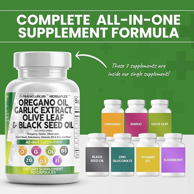 Clean Nutraceuticals Oregano Oil Garlic Extract Olive Leaf Black Seed Oil- Immune Support & Digestive Health Supplement for Women and Men with Vitamin D3 & Zinc - 5Pack