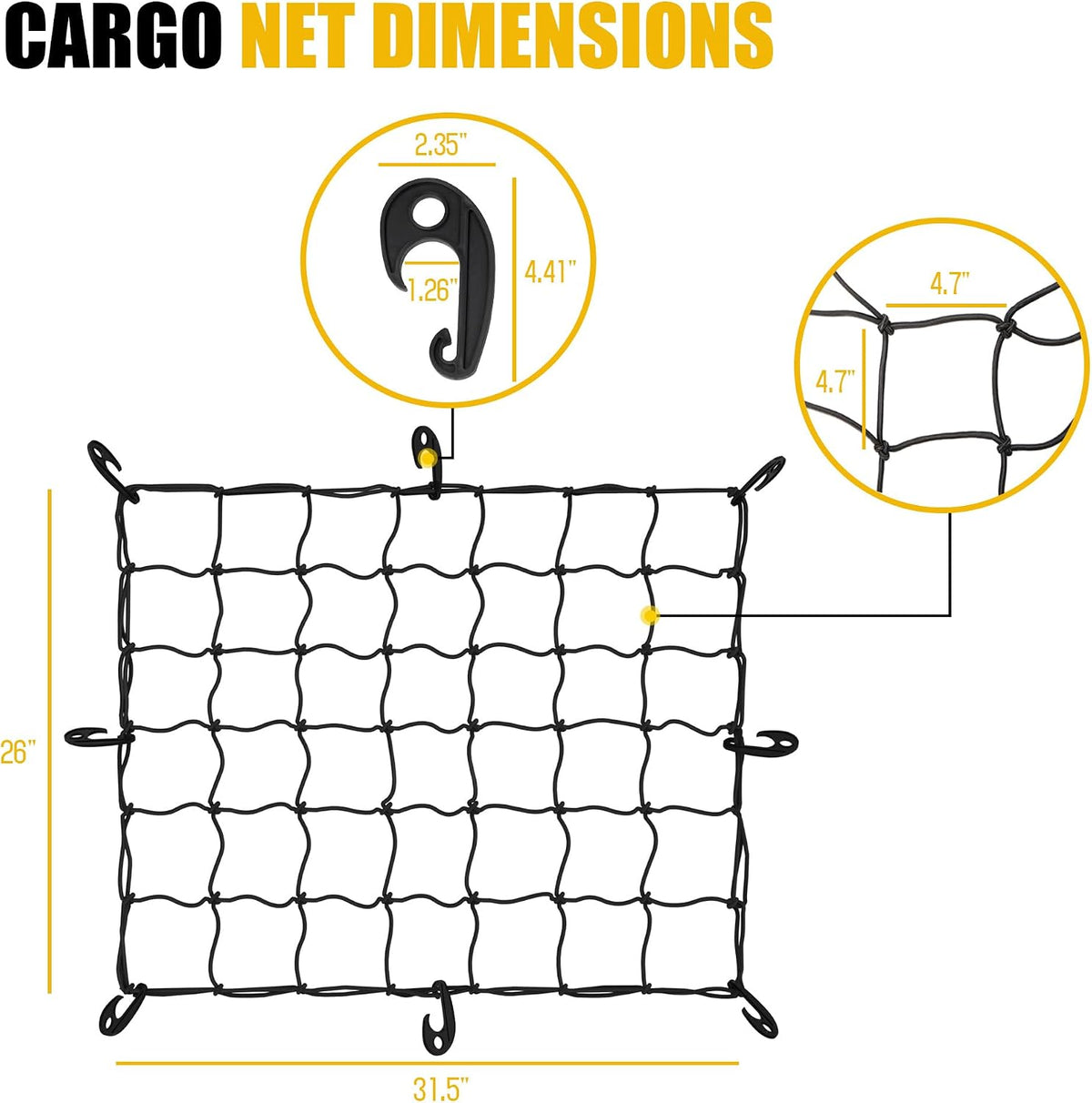 ARKSEN 31.5" x 26" Tangle-Free Nylon Cargo Net(4.7" x 4.7" Mesh), Universal Bungee Net for Pickup, Trucks, SUV, Roof Racks, and Travel Luggage Racks