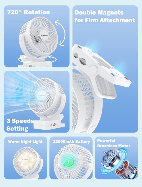 Magnetic Clip on Fan for Golf Cart, 12000mAH Battery Operated Portable Fan with 3 Speeds, LED Lantern, Magnetic Base, Suitable for EZGO Club Car Yamaha, Golf Cart & Cruise Ship Accessories